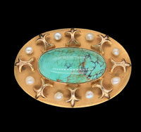 10k Yellow Gold Turquoise Pin with Seed Pearls Jewelry 1 1/8" x 3/4" (#J6886)