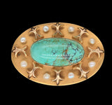 10k Yellow Gold Turquoise Pin with Seed Pearls Jewelry 1 1/8" x 3/4" (#J6886)
