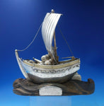 Japanese .950 Silver Sculpture Ship w/ Sail Faux Gold Barrels Wood Base (#5366)