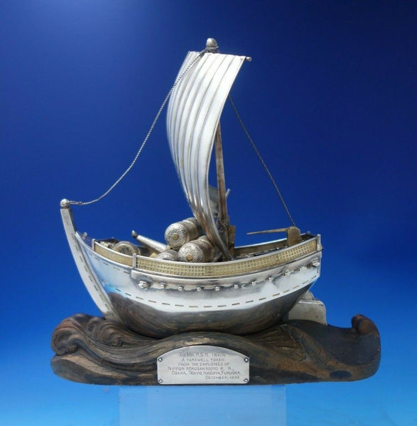 Japanese .950 Silver Sculpture Ship w/ Sail Faux Gold Barrels Wood Base (#5366)