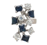 18k White Gold Genuine Natural Sapphire Diamond Modernist Handmade Ring (#J7081)