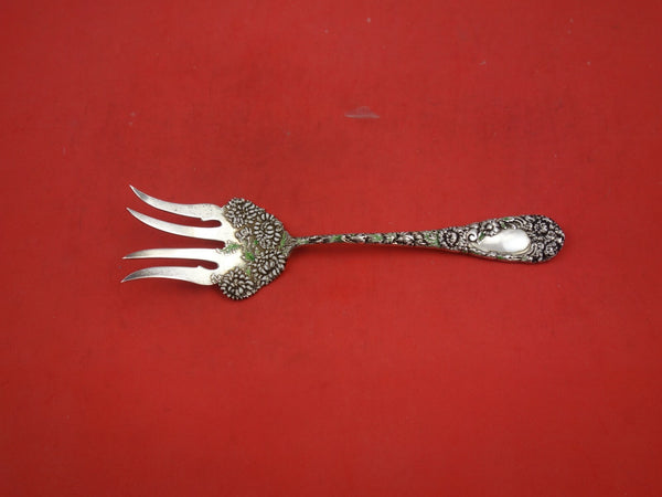 Chrysanthemum by Durgin Sterling Silver Beef Fork with White Green Enamel 7 1/2"