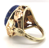 14k Yellow Gold Carved Scarab Genuine Natural Lapis Ring Handwrought  (#J7515)