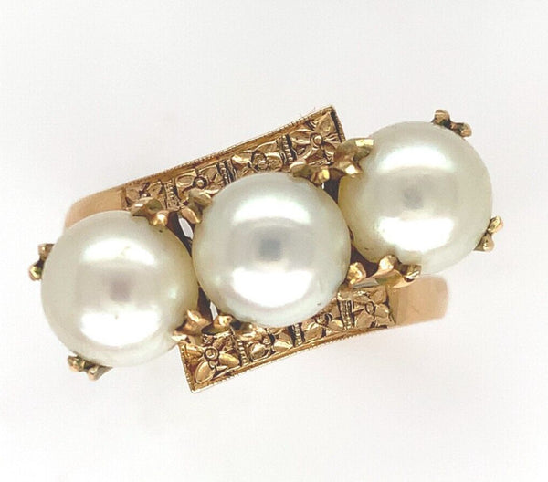 14k Yellow Gold Ring w/ Cultured Pearls and Engraved Flowers Size 6.75 (#J6615)
