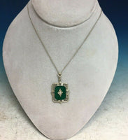 10k Gold Art Deco Genuine Natural Green Onyx Diamond Filigree Pendant (#J5315)