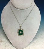 10k Gold Art Deco Genuine Natural Green Onyx Diamond Filigree Pendant (#J5315)