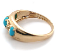 14k Yellow Gold Genuine Natural Turquoise and Diamond Band Ring (#J6396)