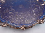 English Silverplate Salver Tray w/ Lion Crest Round Footed Floral 12" (#9202)