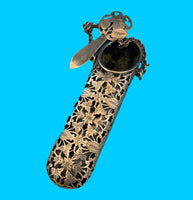 Silverplate Chatelaine Eye Glasses Case with Pierced Engraved Flowers (#J1312)