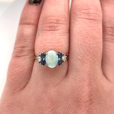 14k White Gold Genuine Natural Opal Ring with Diamonds and Sapphires (#J5948)