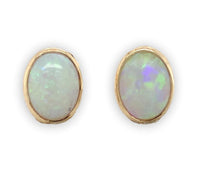 14k Yellow Gold Oval Genuine Natural Opal Bezel Stud Earrings Jewelry (#J6712)