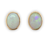 14k Yellow Gold Oval Genuine Natural Opal Bezel Stud Earrings Jewelry (#J6712)