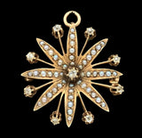 13k Yellow Gold Victorian Diamond and Seed Pearl Startburst Brooch Pin (#J7437)