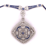 18k White Gold Genuine Natural Sapphire and Diamond Deco Style Necklace (#J4854)