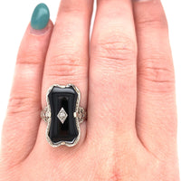 14k White Gold Custom Cut Genuine Natural Black Onyx Filigree Ring (#J5822)