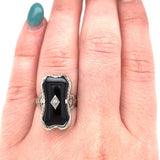 14k White Gold Custom Cut Genuine Natural Black Onyx Filigree Ring (#J5822)