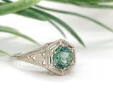Art Deco 14k White Gold .97ct Green Genuine Tourmaline Filigree Ring (#J7478)