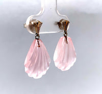 14k White Gold Genuine Natural Rose Quartz Carved Fan Drop Earrings (#J5699)