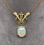 14k Yellow Gold Art Deco Style 8ct Genuine Natural Opal Necklace (#J6098)