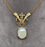 14k Yellow Gold Art Deco Style 8ct Genuine Natural Opal Necklace (#J6098)