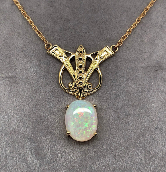14k Yellow Gold Art Deco Style 8ct Genuine Natural Opal Necklace (#J6098)