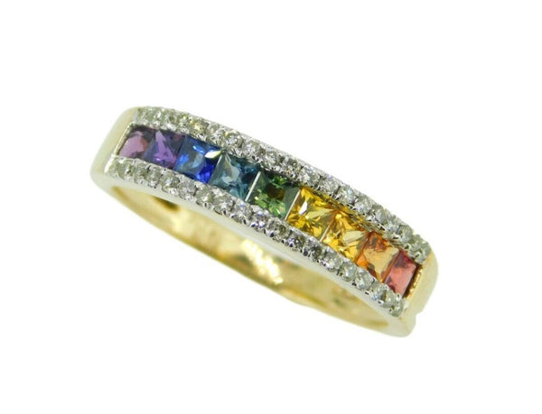 14k Yellow Gold Genuine Natural Rainbow Sapphire and Diamond Ring Band (#J4630)