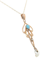10k Gold Lavaliere Pendant with Freshwater Pearl Drop Turquoise Glass (#J6689)