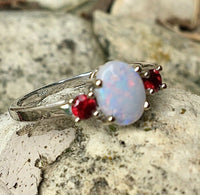 14k White Gold Genuine Natural Opal and Ruby Three Stone Ring (#J3863)