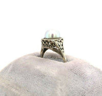 18k White Gold Art Deco 8mm Pearl Filigree Ring (#J5450)