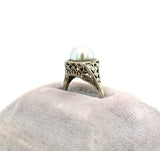 18k White Gold Art Deco 8mm Pearl Filigree Ring (#J5450)