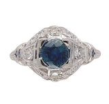 Art Deco Platinum 1.04 Carat Genuine Sapphire and Diamond Filigree Ring (#J7179)