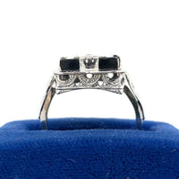 14k White Gold Filigree Genuine Natural Black Onyx and Diamond Ring (#J5573)