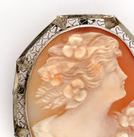 14k Yellow Gold Genuine Natural Shell Cameo Pin Filigree Applied Leaves (#J6244)