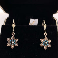 10k Yellow Gold Victorian Turquoise and Seed Pearl Flower Dangle Earrings #J6344