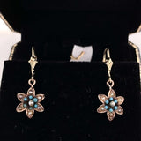 10k Yellow Gold Victorian Turquoise and Seed Pearl Flower Dangle Earrings #J6344