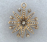 13k Yellow Gold Victorian Diamond and Seed Pearl Startburst Brooch Pin (#J7437)