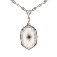 14k White Gold Filigree Genuine Natural Rock Crystal Diamond Necklace (#J6502)