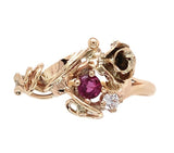 14k Yellow Gold Handwrought Rose Ring with Genuine Natural Ruby Diamond (#J7410)