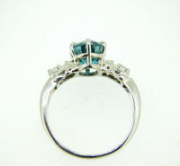 14k White Gold Large Teal Blue Genuine Natural Zircon and Diamond Ring (#J5047)