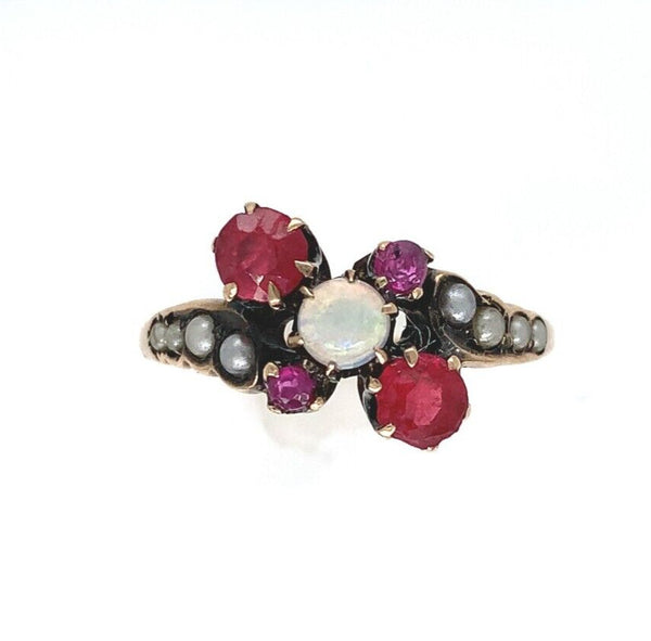 10k Gold Opal, Synthetic Lab-Created Ruby/Paste, and Pearl Victorian Ring #J6290