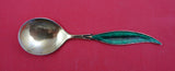 Norwegian Sterling Silver Sugar Spoon vermeil feathered enameled green 5 1/4"