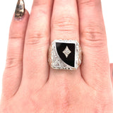 10k White Gold Genuine Natural Black Onyx Men's Ring with Diamonds (#J5829)