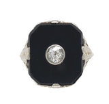 Art Deco 10k Gold Genuine Natural Black Onyx and Diamond Filigree Ring (#J7082)