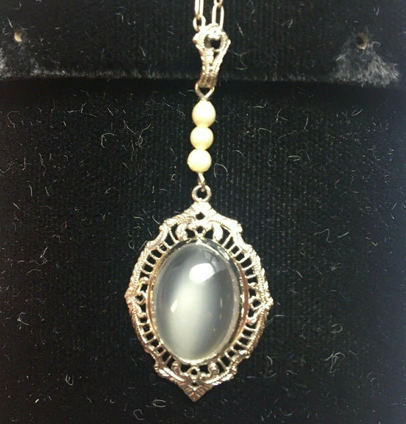 10k White Gold Moonstone Filigree Art Deco Necklace Pendant (#J5318)