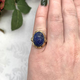 14k Yellow Gold Carved Scarab Genuine Natural Lapis Ring Handwrought  (#J7515)