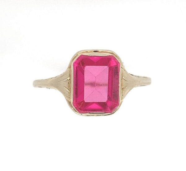 14k White Gold Filigree Ring with Synthetic Lab-Created Ruby Size 6.5 (#J6304)