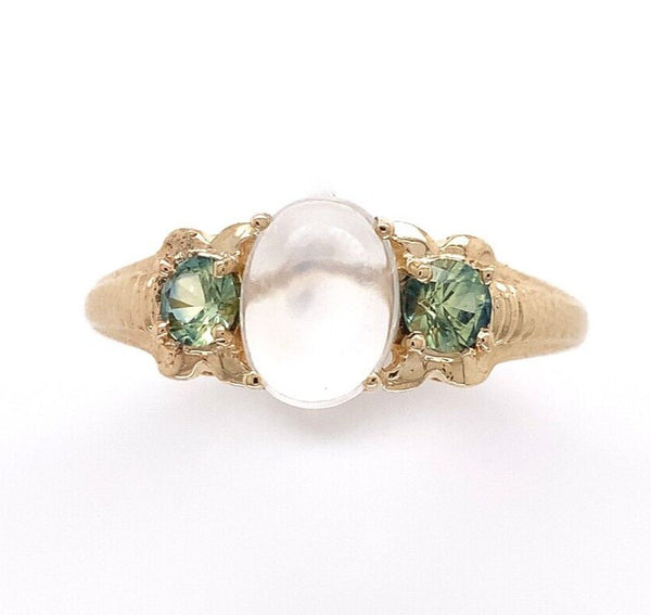 10k Yellow Gold 1.06ct Genuine Natural Moonstone and Green Sapphire Ring #J6462