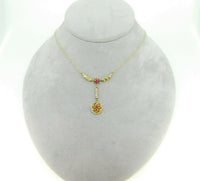 14k Gold Victorian Lavaliere Necklace Red Paste/Glass Stones Seed Pearls #J4514