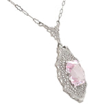 Art Deco 10k White Gold Filigree Pendant Necklace with Pink Stone (#J7357)