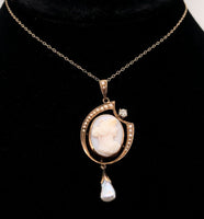 10k Yellow Gold Angel Skin Shell Cameo and Diamond Pendant Jewelry (#J6062)
